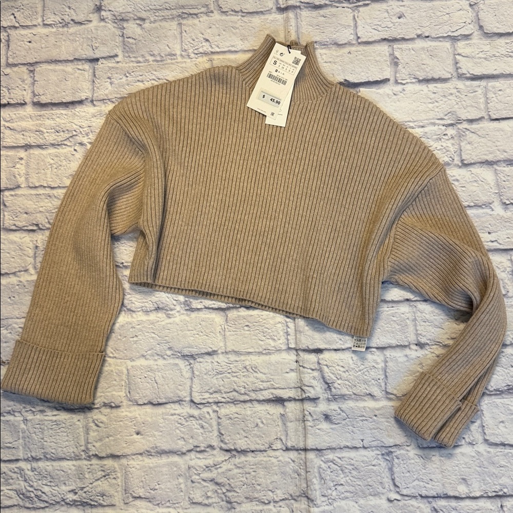 Zara Women's Ribbed Cropped Sweater - Tan Size small